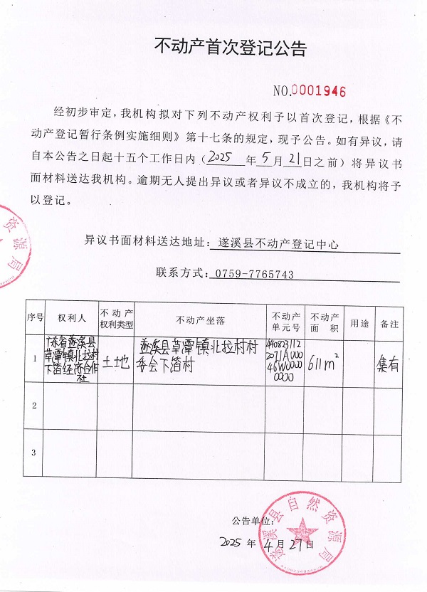 不動產首次登記公告（廣東省遂溪縣草潭鎮北拉村下箔經濟合作社）.jpg