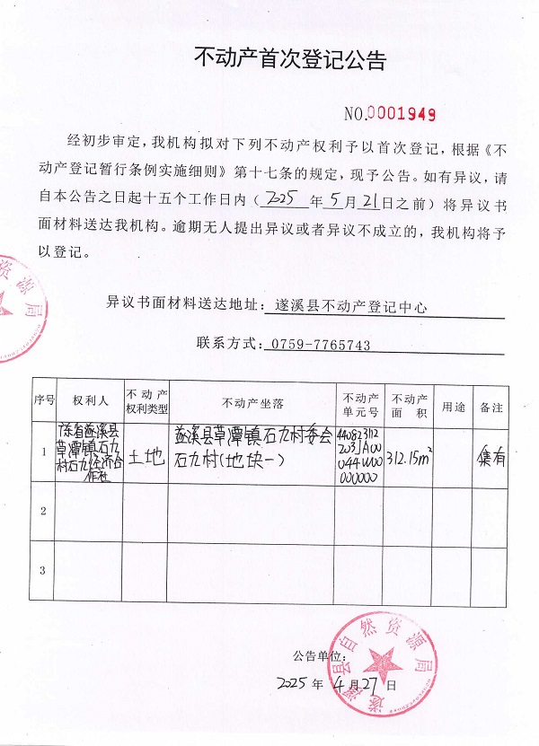 不動產首次登記公告（廣東省遂溪縣草潭鎮石九村石九經濟合作社）1.jpg