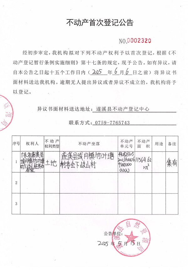 不動產首次登記公告（廣東省遂溪縣城月鎮竹葉塘村下岐山經濟合作社）.jpg