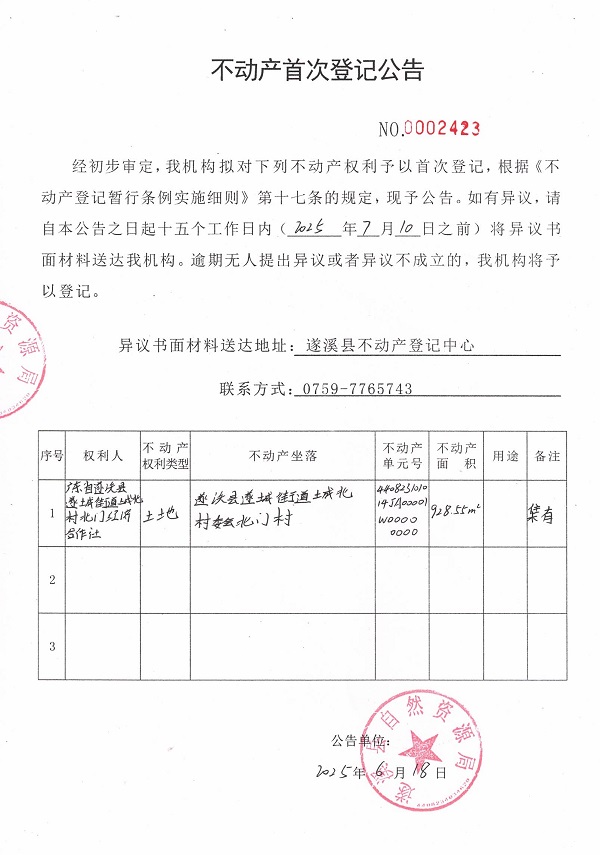 不動(dòng)產(chǎn)首次登記公告（廣東省遂溪縣遂成街道城北村北門經(jīng)濟(jì)合作社）.jpg